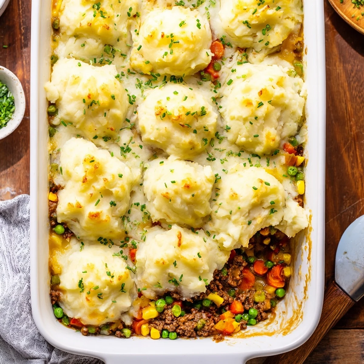 Savory Shepherds Pie with Creamy Garlic Mashed Potatoes topped with fresh chives, ready to serve for dinner.