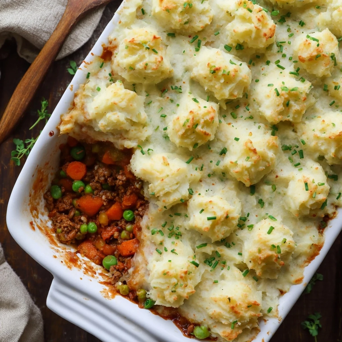 Close-up of Shepherds Pie with Creamy Garlic Mashed Potatoes, showing golden crust and steam rising from the filling.