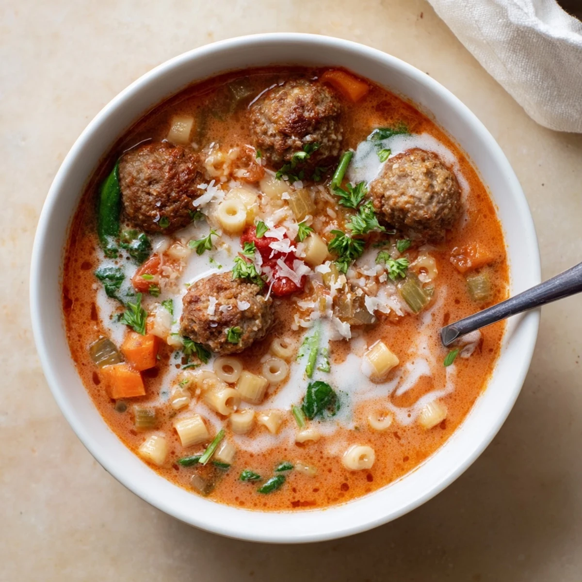 Creamy Italian Meatball Soup served steaming hot in a rustic bowl topped with fresh parsley and grated Parmesan.