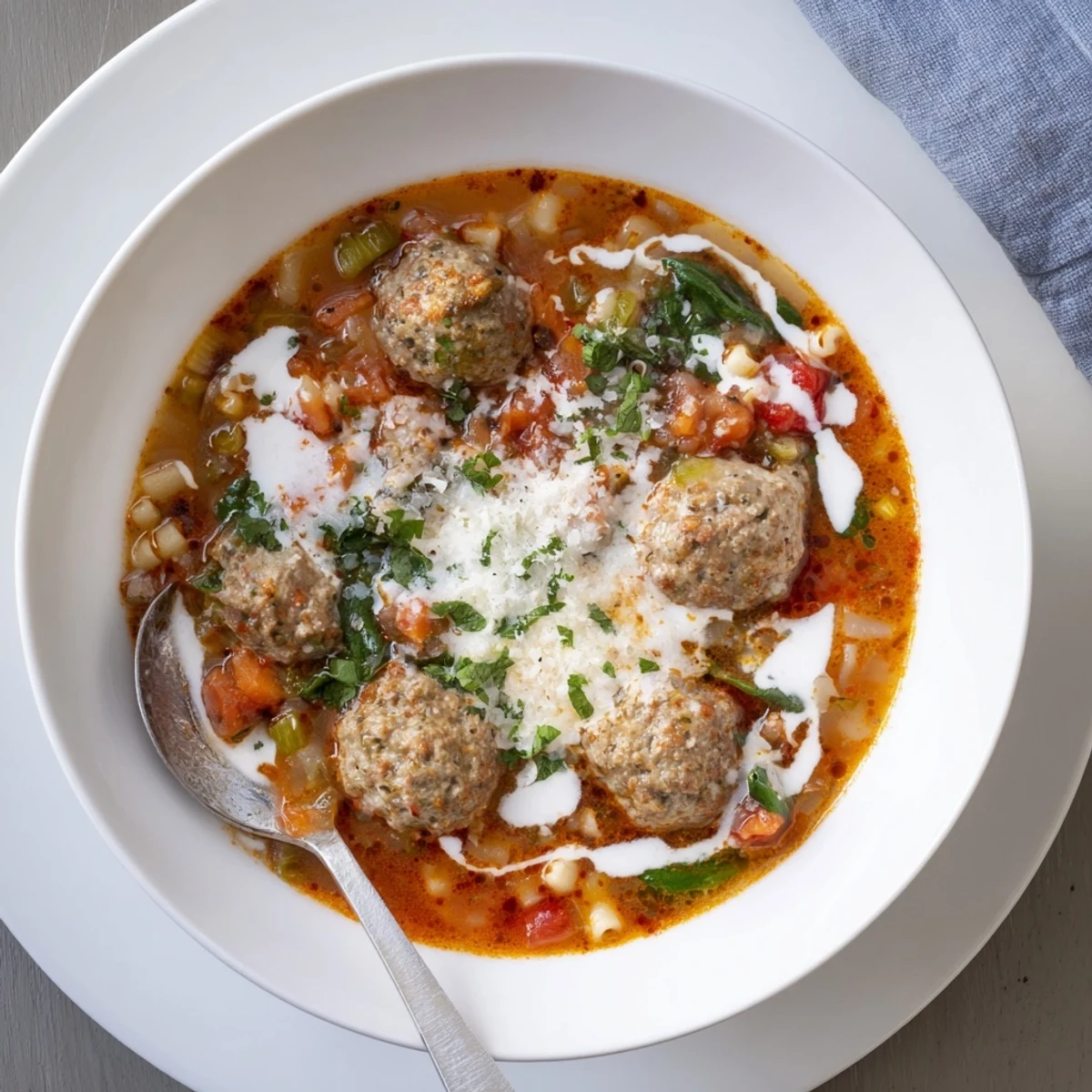 Cozy bowl of Creamy Italian Meatball Soup with tender meatballs, spinach, and a swirl of cream.