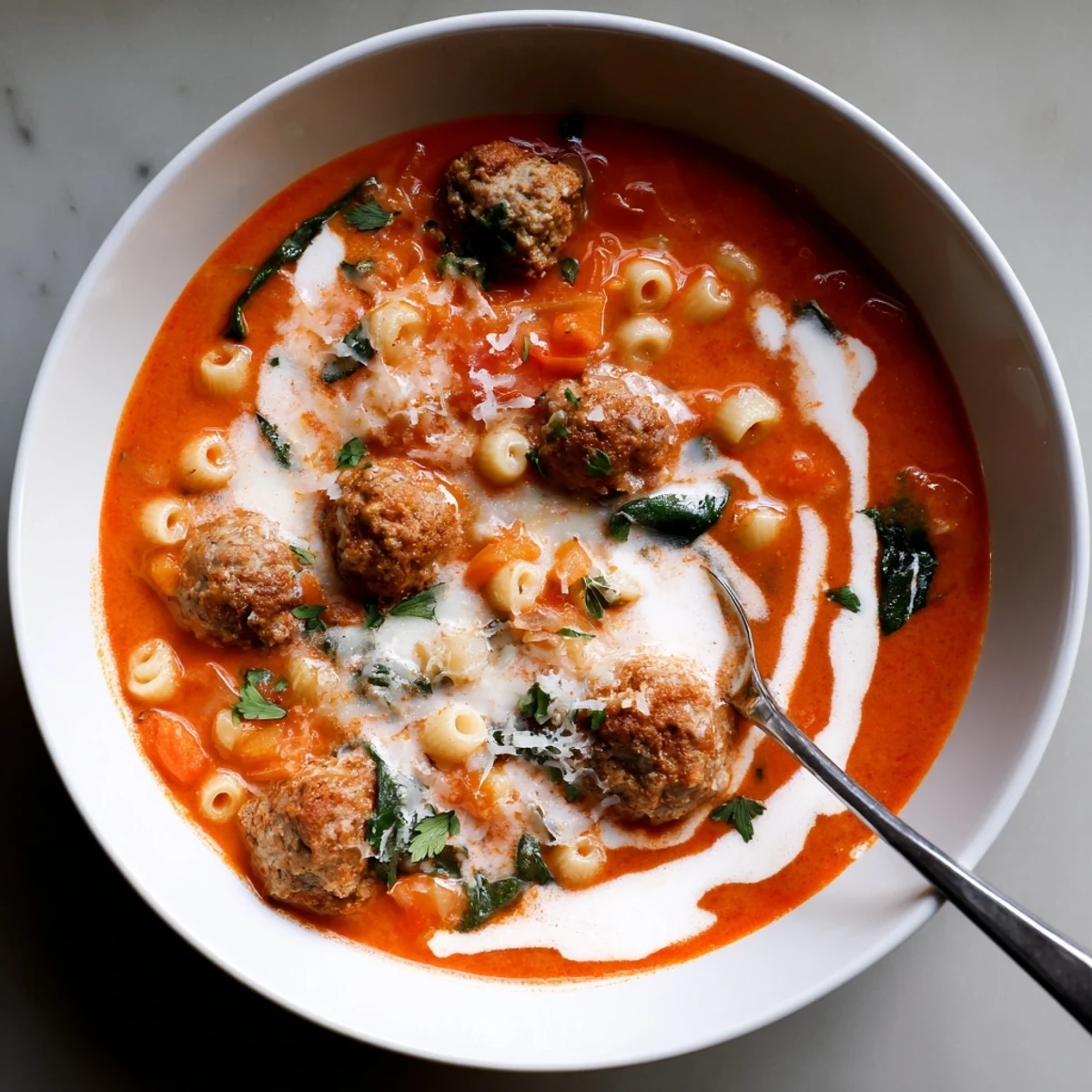 Creamy Italian Meatball Soup with crusty bread for dipping on a wooden table, ready for dinner.