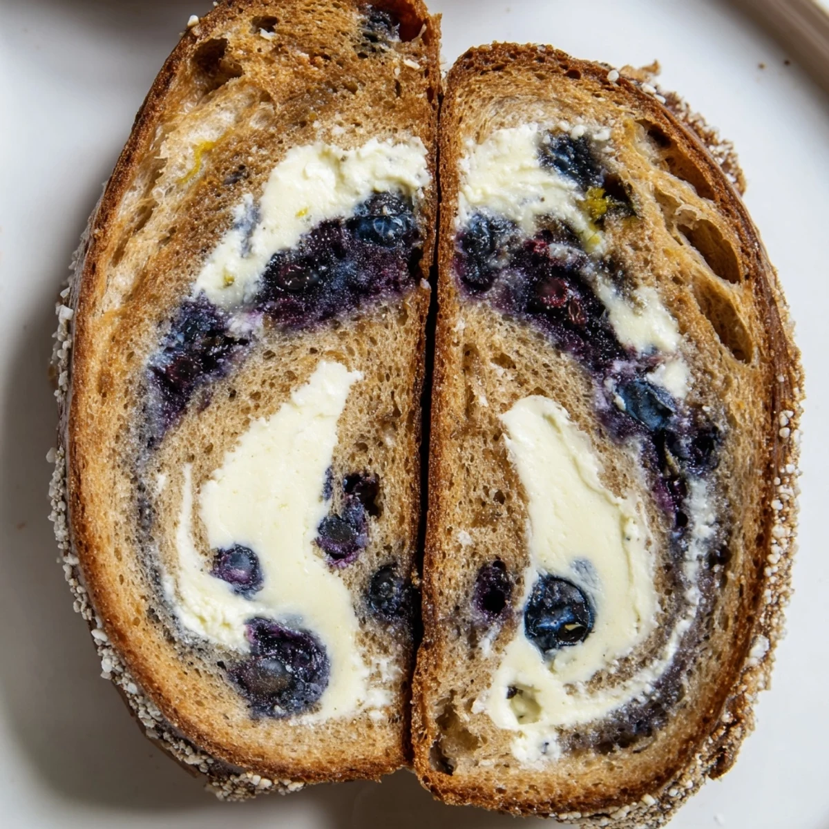 A slice of Blueberry Lemon Cream Cheese Sourdough reveals a tender crumb swirled with blueberries and creamy filling.