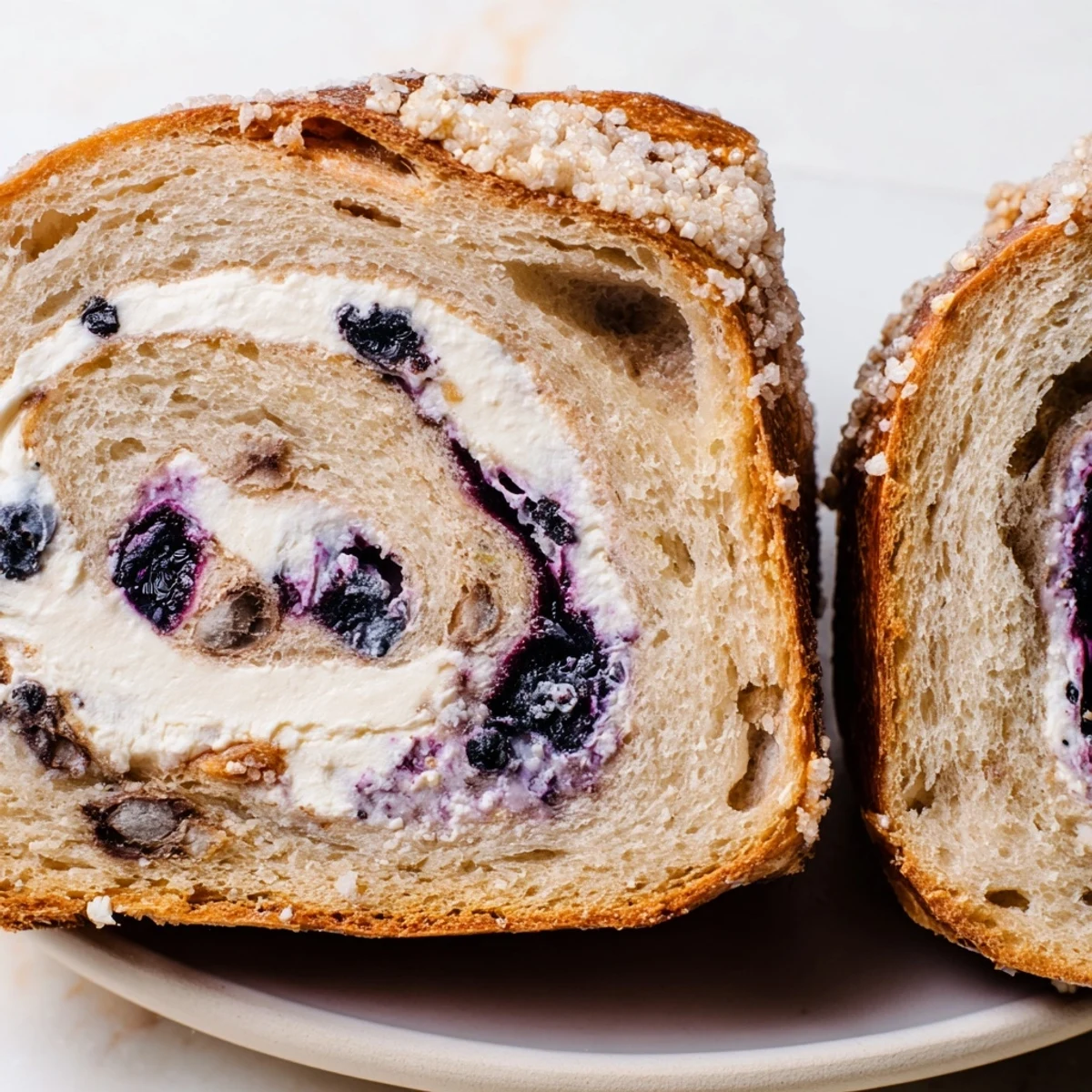 The crumb of Blueberry Lemon Cream Cheese Sourdough shows juicy blueberries and melted cream cheese pockets in every slice.