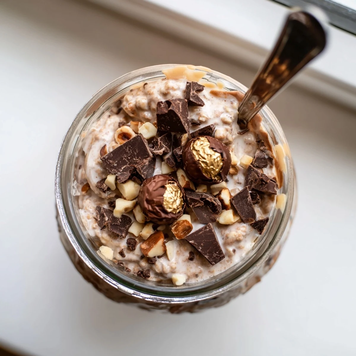 Creamy Ferrero Rocher Protein Overnight Oats in a jar, topped with chopped hazelnuts and dark chocolate.