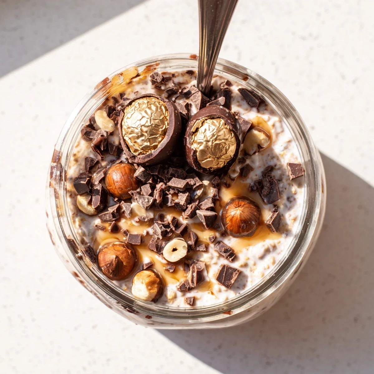 A jar of Ferrero Rocher Protein Overnight Oats featuring drizzled hazelnut butter and halved chocolates for garnish.