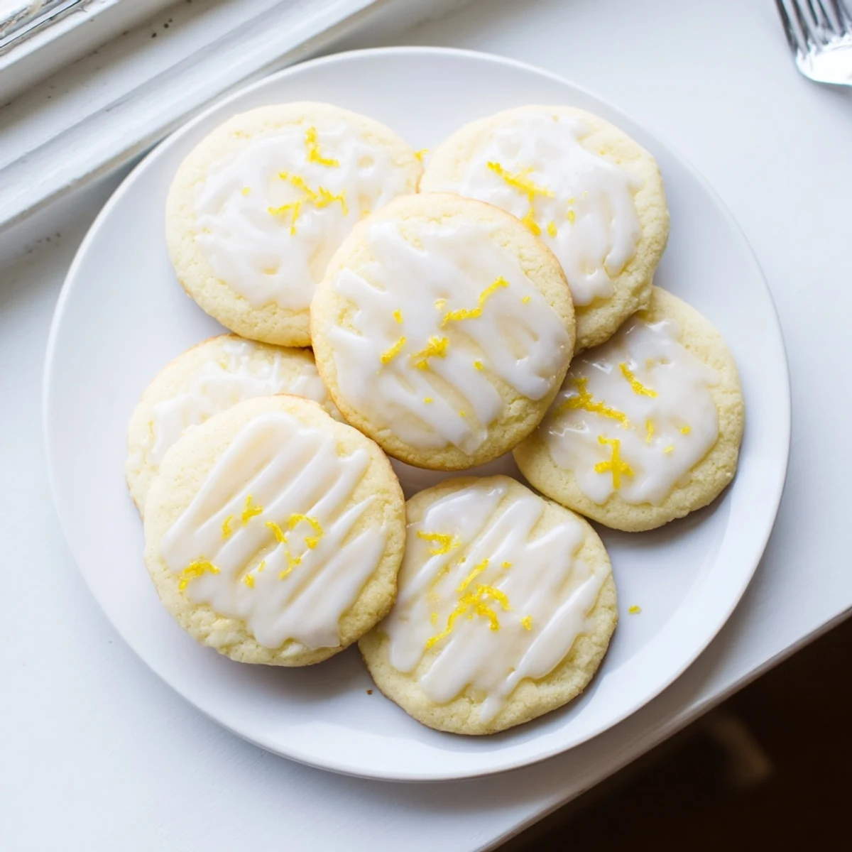 A plate of golden Limoncello cookies drizzled with sweet lemon glaze, ideal for serving with tea or iced coffee.