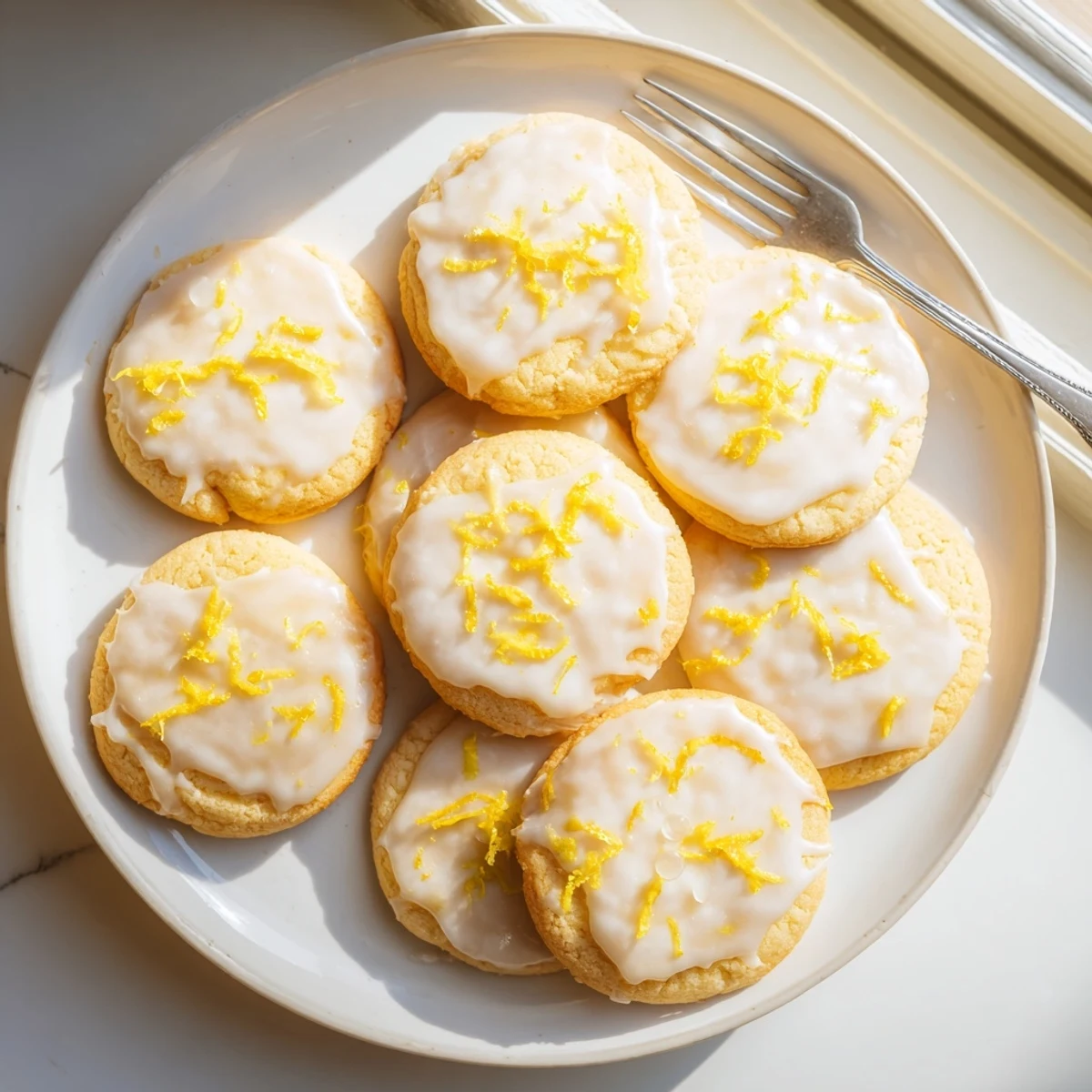 Close-up of zesty Limoncello cookies with buttery texture and vibrant lemon glaze, ready for a summer dessert spread.