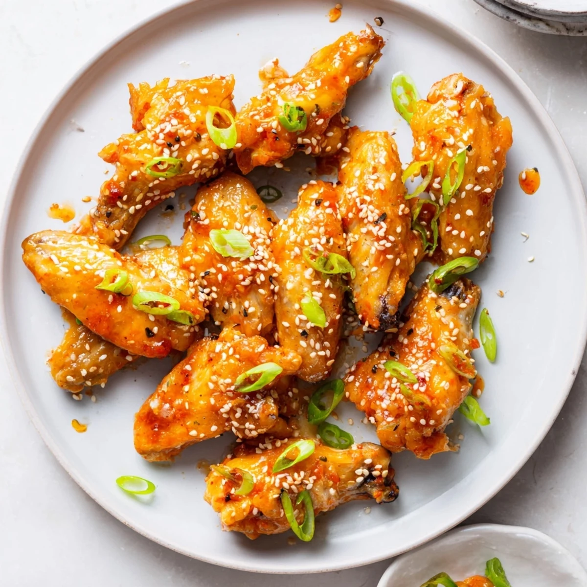 Crispy baked Sticky Orange Chicken Wings glistening with a sticky citrus glaze on a serving platter.