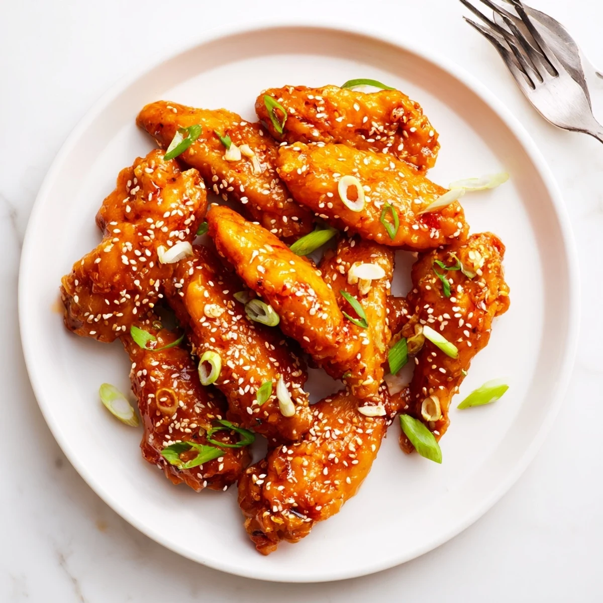 Sticky Orange Chicken Wings plated with a side salad, showing golden edges and an orange glaze.
