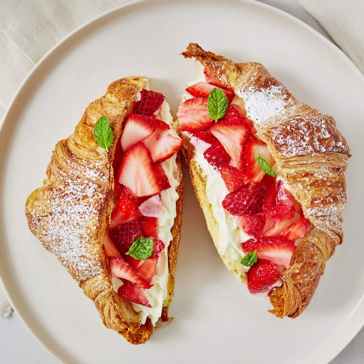 Freshly prepared Strawberry Cream Croissants are displayed on a white plate, revealing flaky layers and luscious vanilla cream with diced strawberries inside.  