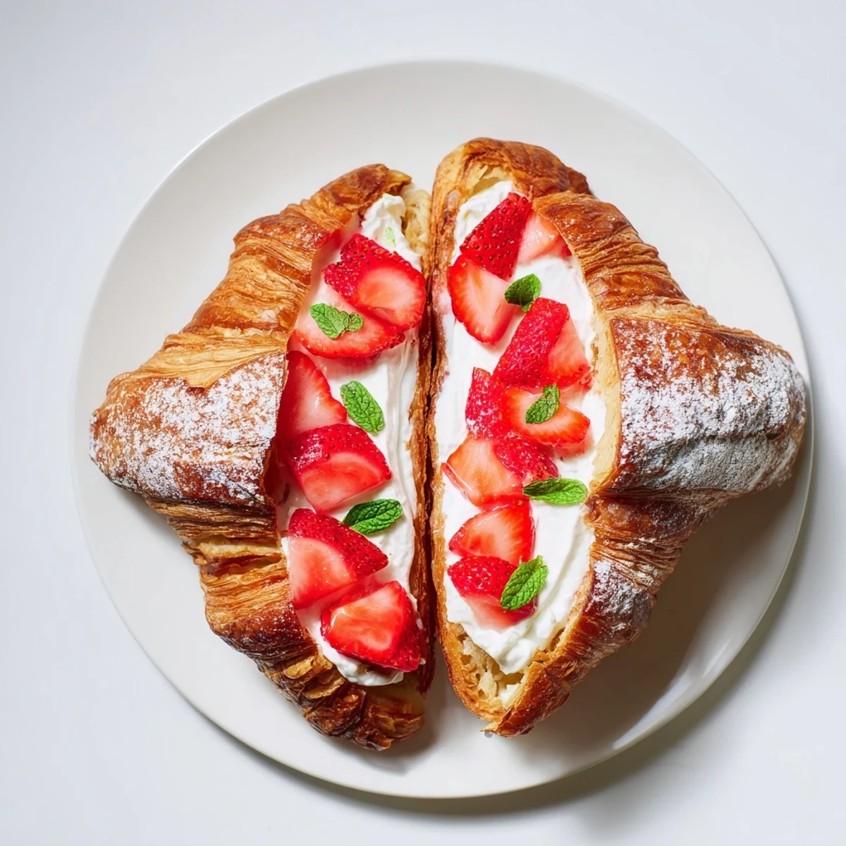 A close-up view shows a Strawberry Cream Croissant dusted with powdered sugar and topped with sliced strawberries and a mint leaf.  