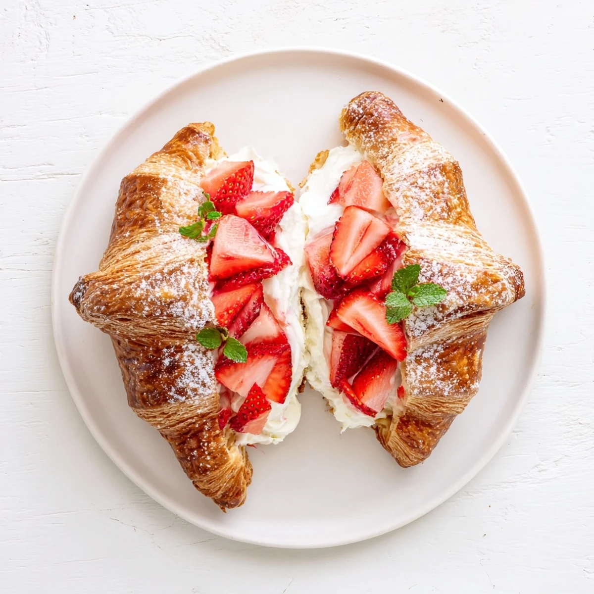 A warm Strawberry Cream Croissant with buttery pastry and sweet filling sits beside a cup of coffee for a perfect breakfast.