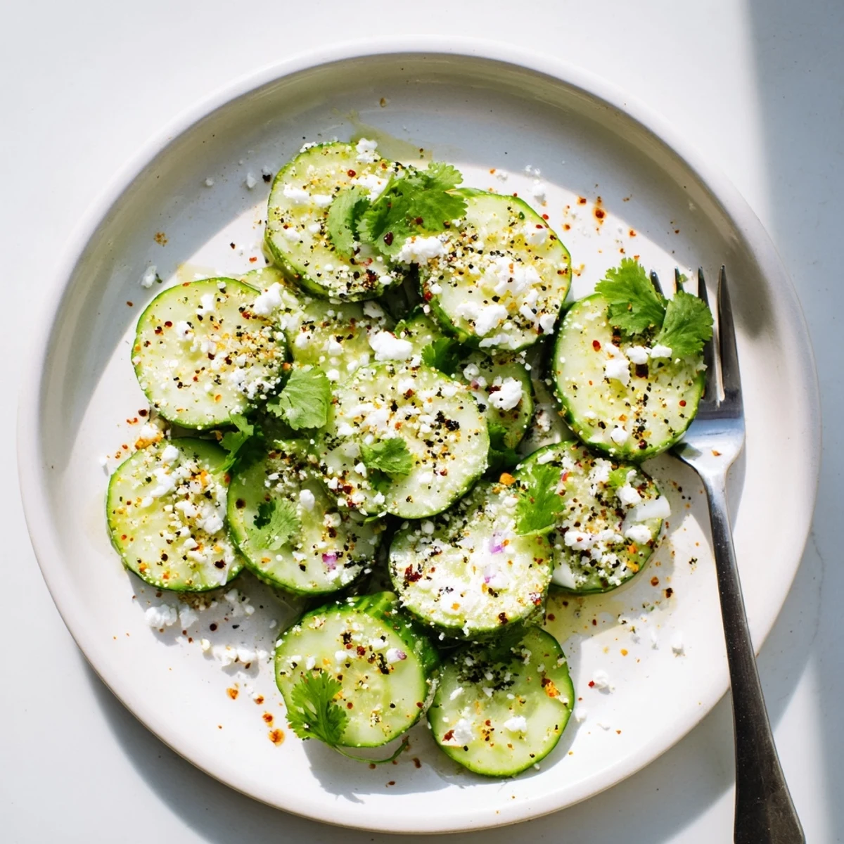 Crisp cucumber rounds sprinkled with Tajín seasoning and fresh lime, garnished with cilantro and crumbled cotija cheese