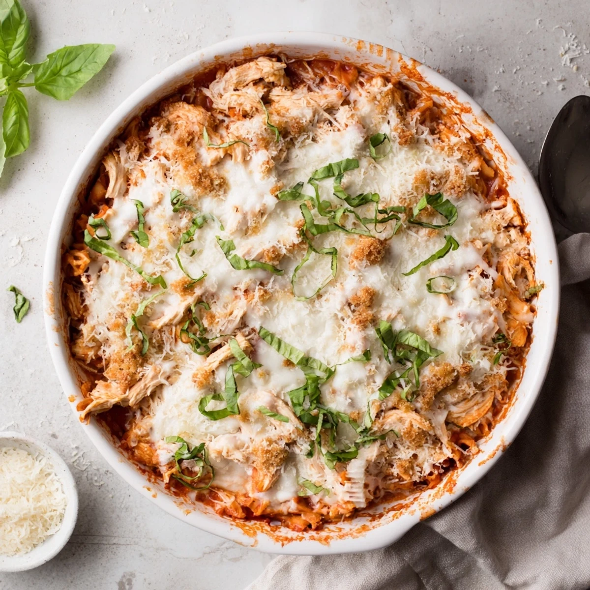 Bubbling pan of low-carb keto chicken Parmesan casserole topped with crispy golden cheese