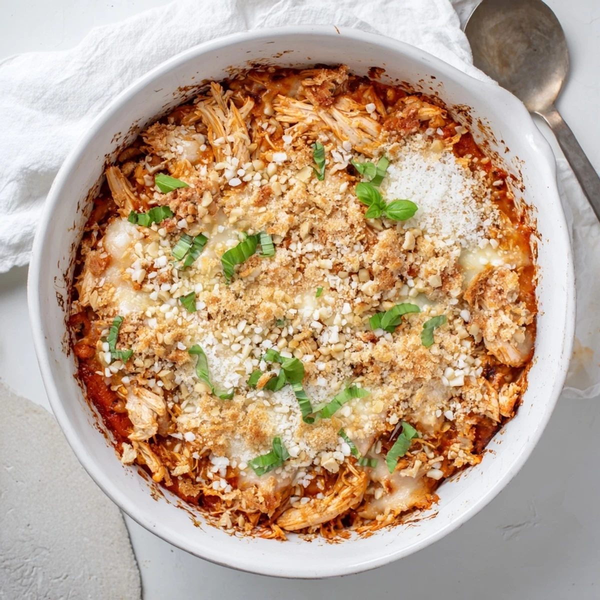 Golden bubbly keto chicken Parmesan casserole with melted mozzarella and fresh basil garnish