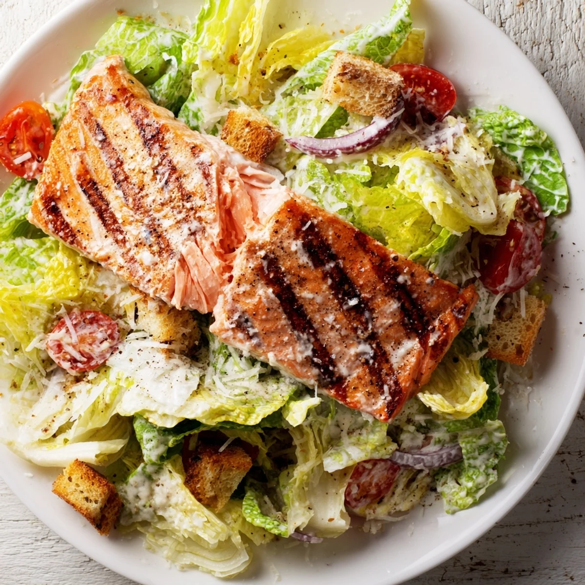 Golden grilled salmon fillet resting atop crisp romaine Caesar salad with cherry tomatoes and homemade creamy dressing
