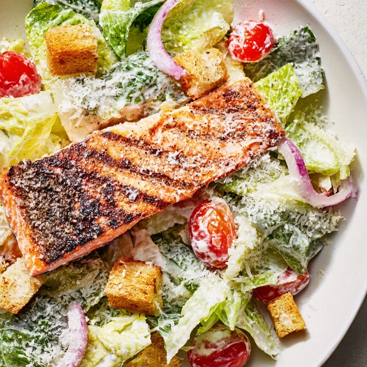 Vibrant bowl of salmon Caesar salad with grilled fish, colorful cherry tomatoes, and drizzled dressing perfect for healthy dining