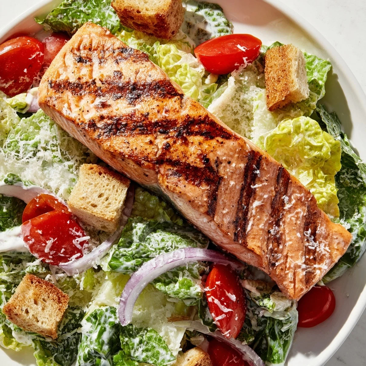 Flaky salmon Caesar salad featuring crunchy croutons, fresh lettuce, and tangy Parmesan dressing on a white dinner plate