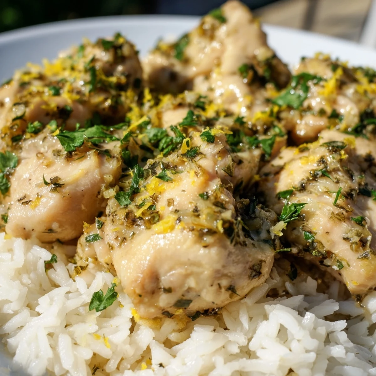 Juicy lemon herb chicken thighs atop a bed of perfectly steamed fluffy rice