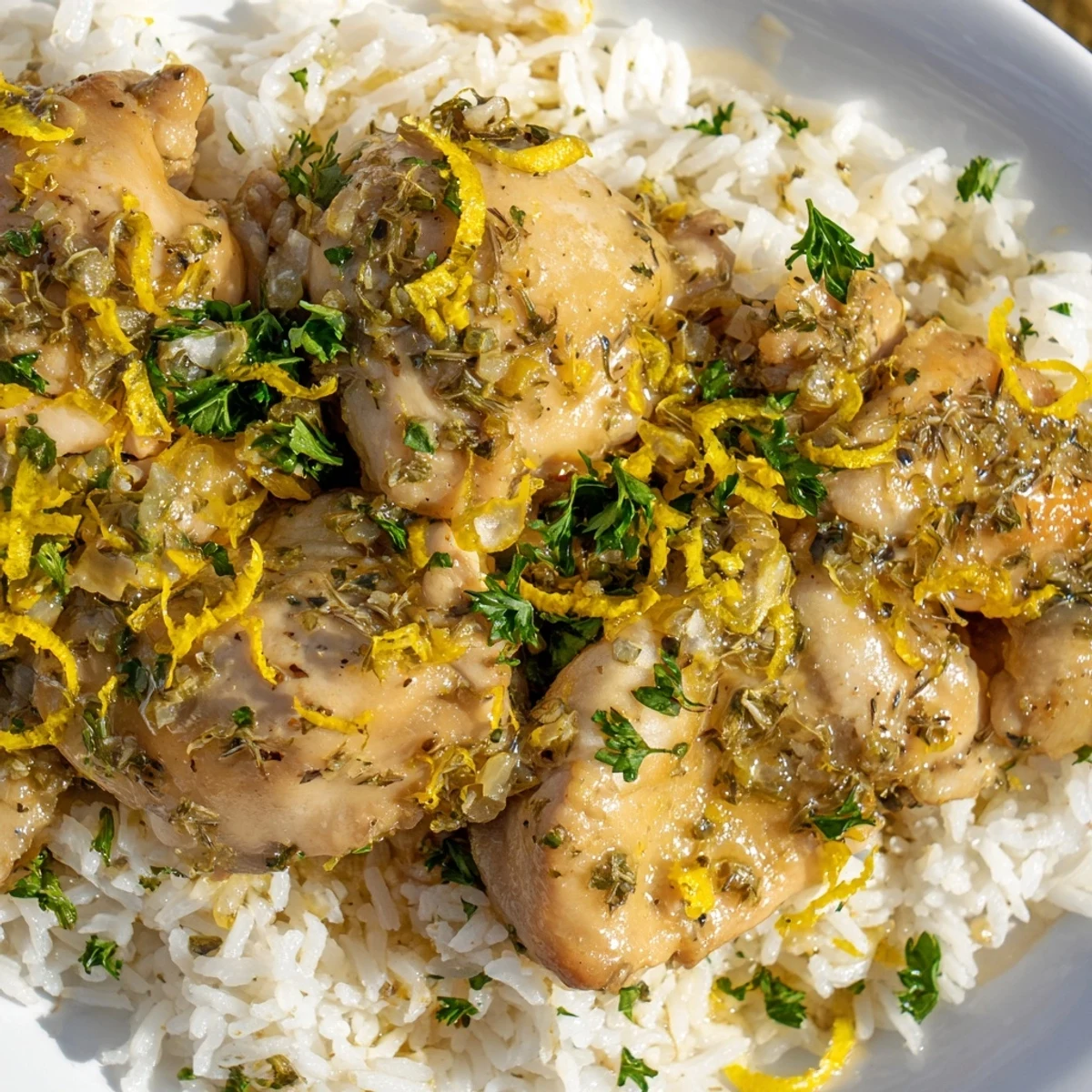 Golden slow cooker lemon herb chicken with tender meat served over fluffy white rice