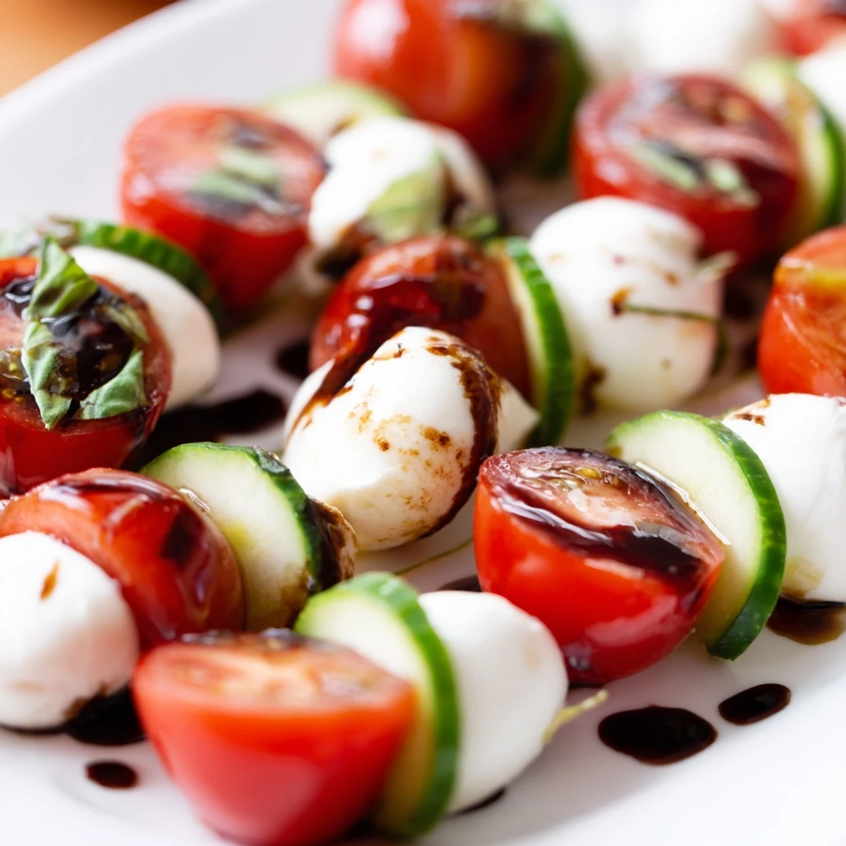 Vibrant Italian-inspired salad featuring crisp cucumbers, ripe tomatoes, and creamy mozzarella balls drizzled with tangy balsamic glaze