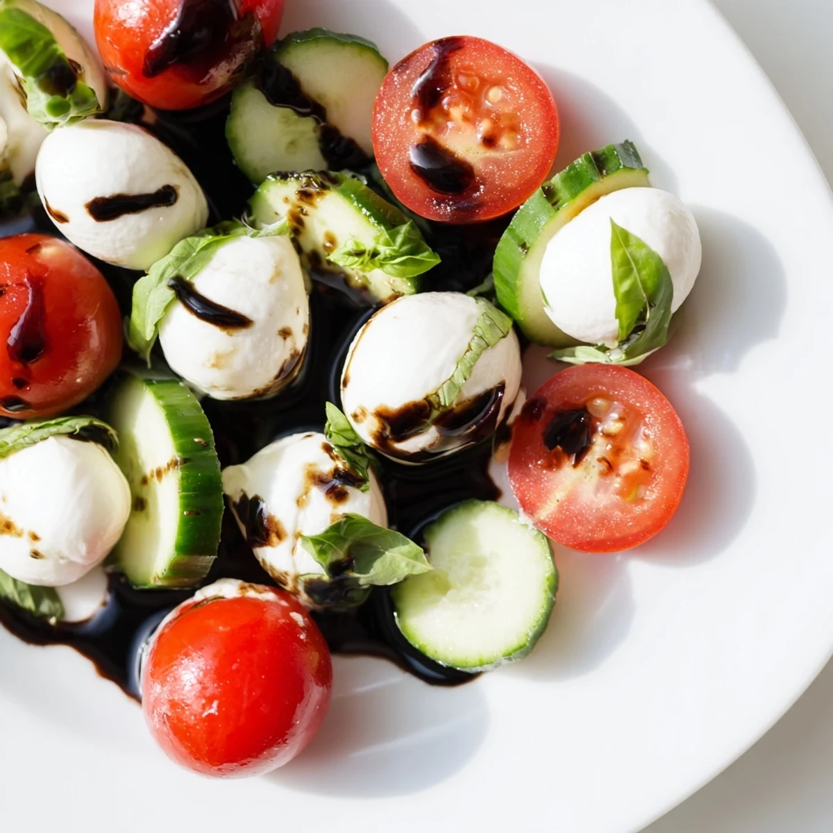 Fresh cucumber Caprese salad with cherry tomatoes, mozzarella, and basil in balsamic dressing