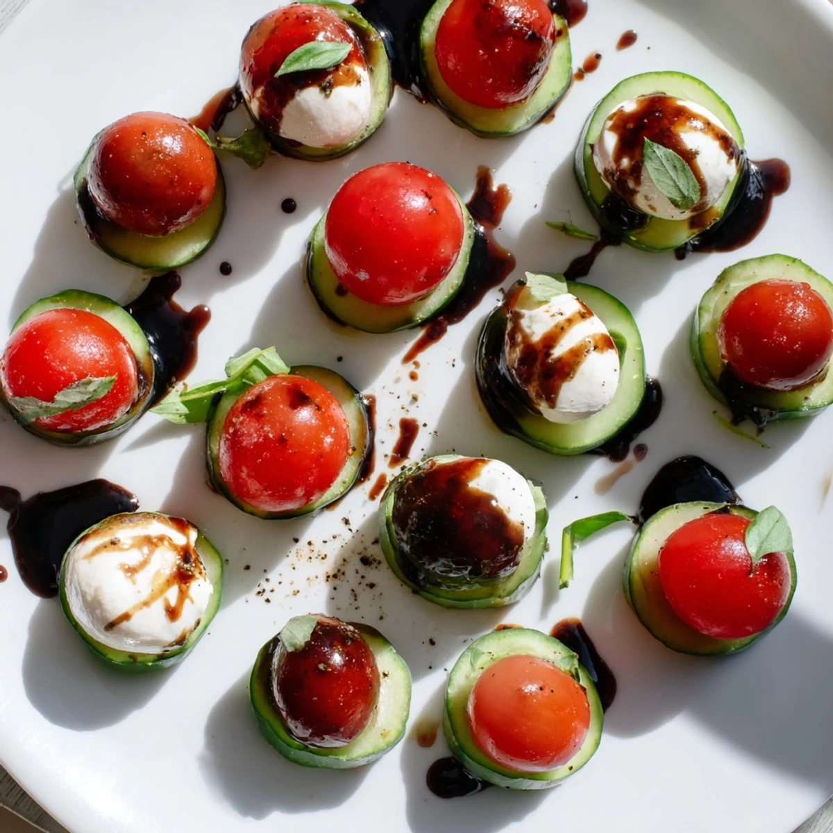 Colorful bowl of cucumber Caprese salad topped with fresh basil and mozzarella for a refreshing vegetarian lunch