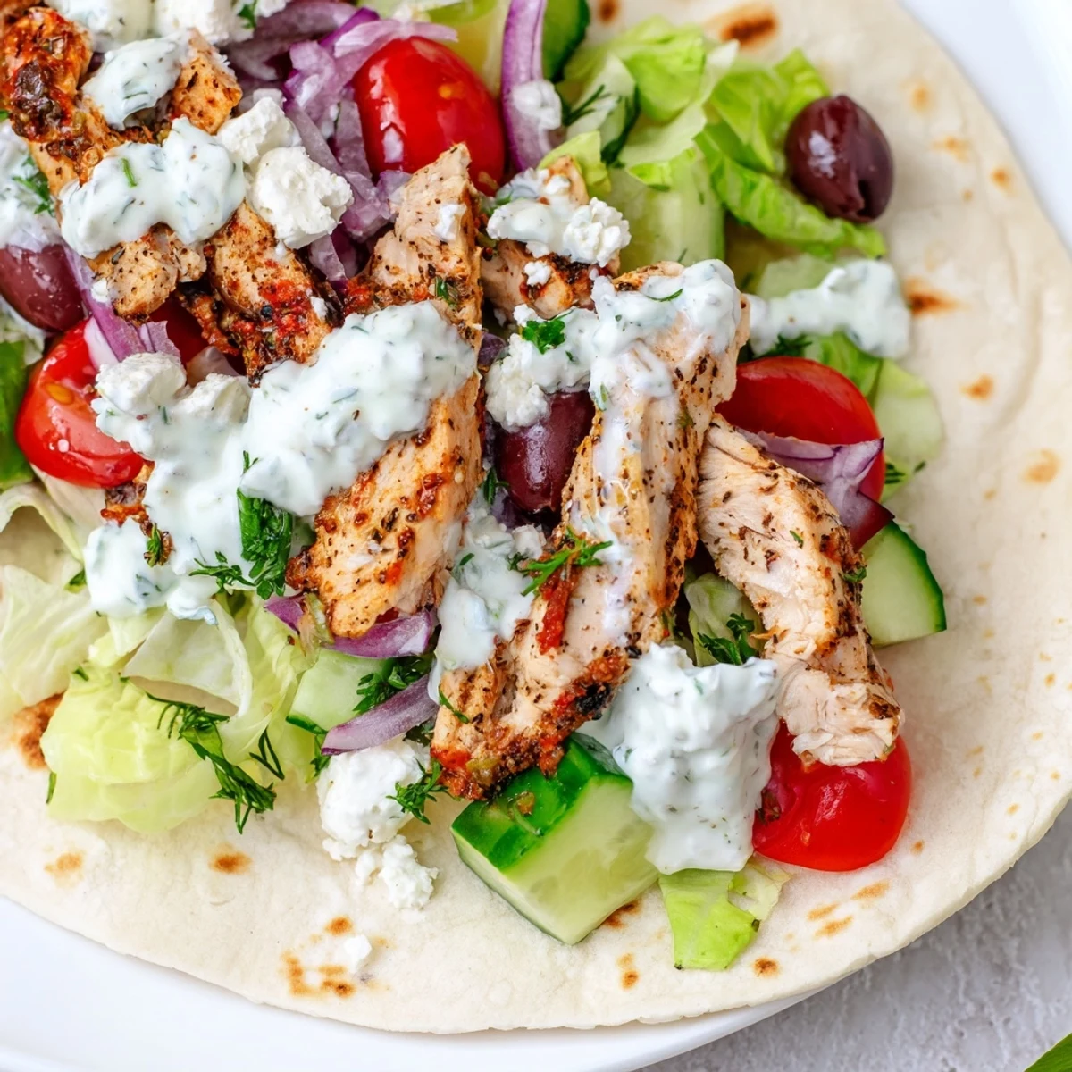 Golden grilled chicken Mediterranean tacos loaded with fresh vegetables and creamy yogurt sauce