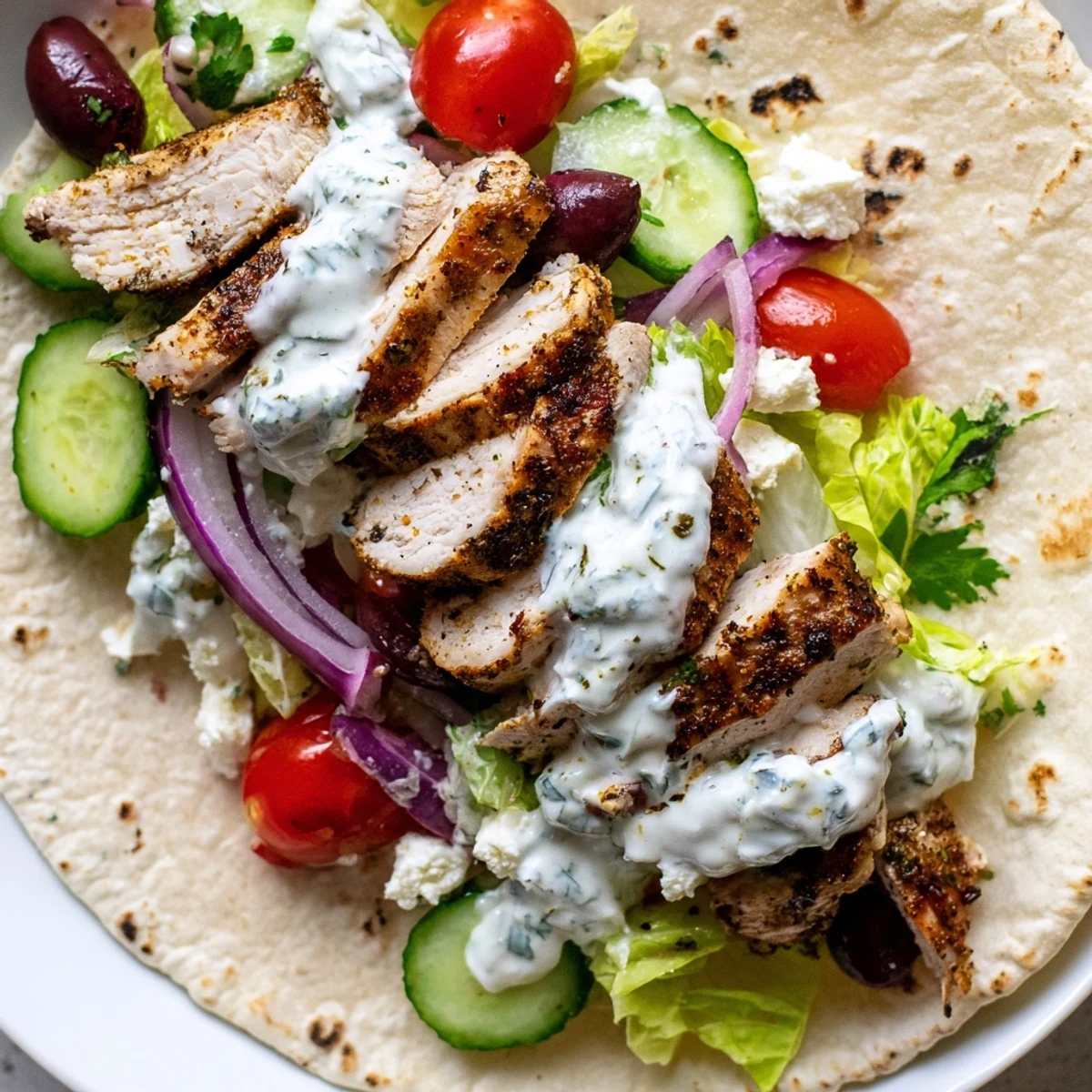 Easy Mediterranean chicken tacos featuring tender sliced meat crisp toppings and tangy white sauce