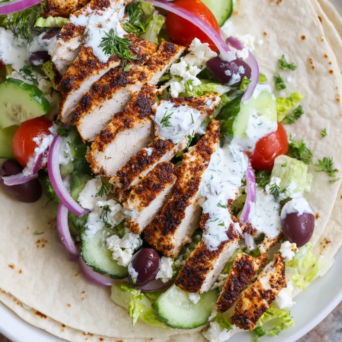 Flour tortillas wrapped around spiced chicken with cucumber tomatoes feta and zesty herb dressing