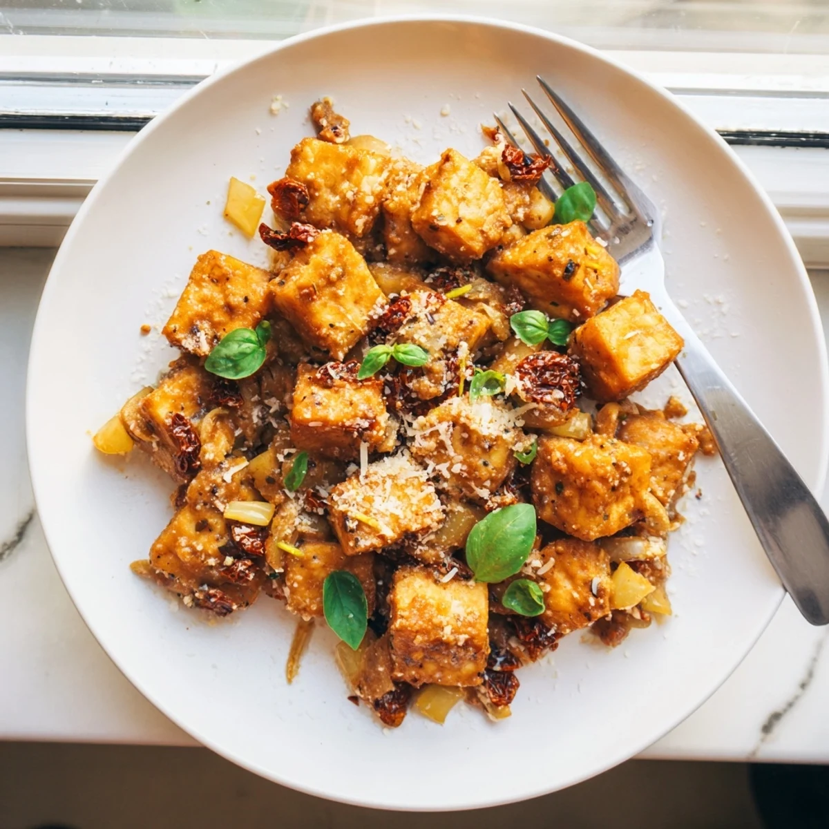 Golden crispy tofu cubes swimming in rich sun-dried tomato garlic cream sauce