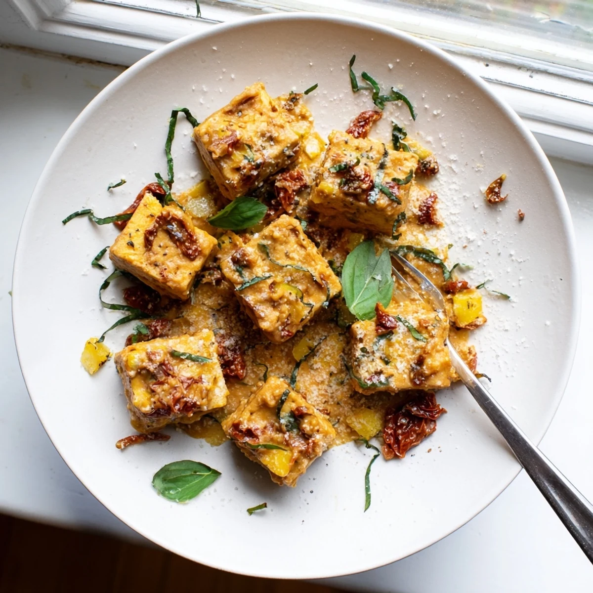 Creamy Marry Me Tofu with tender pan-fried pieces in savory tomato herb sauce