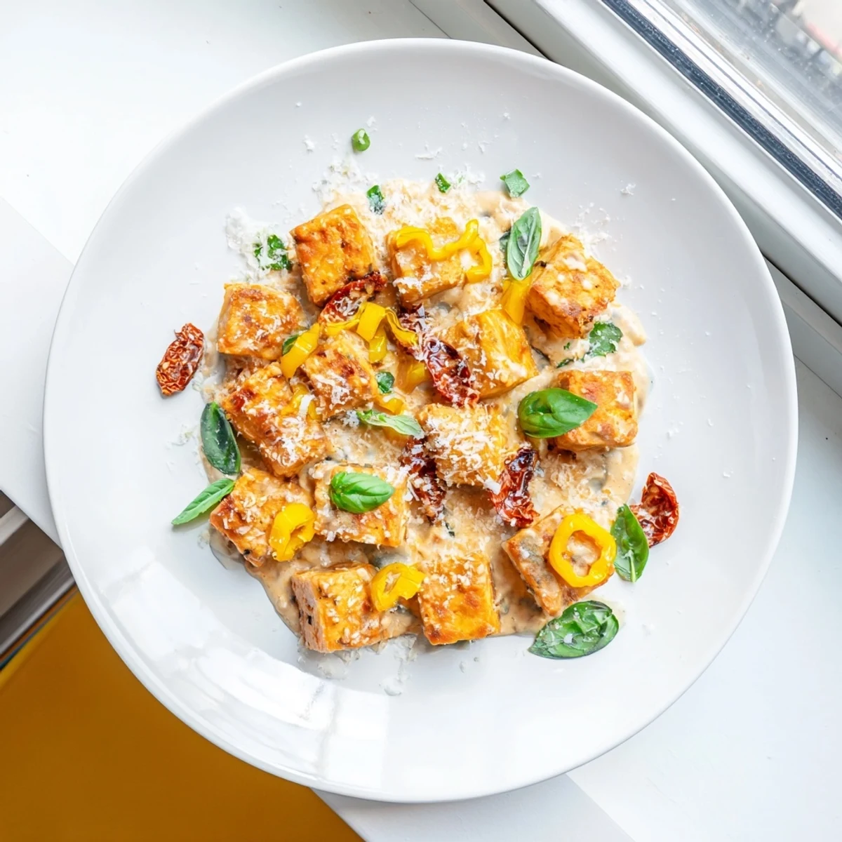 Vegan Marry Me Tofu plated with fresh basil garnish over white rice or pasta