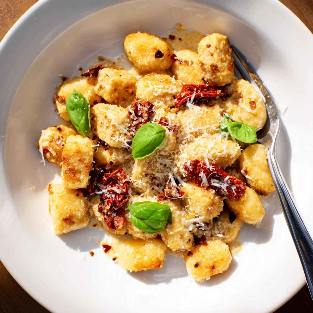 Golden crispy tofu cubes and pillowy gnocchi swimming in rich creamy sun-dried tomato sauce
