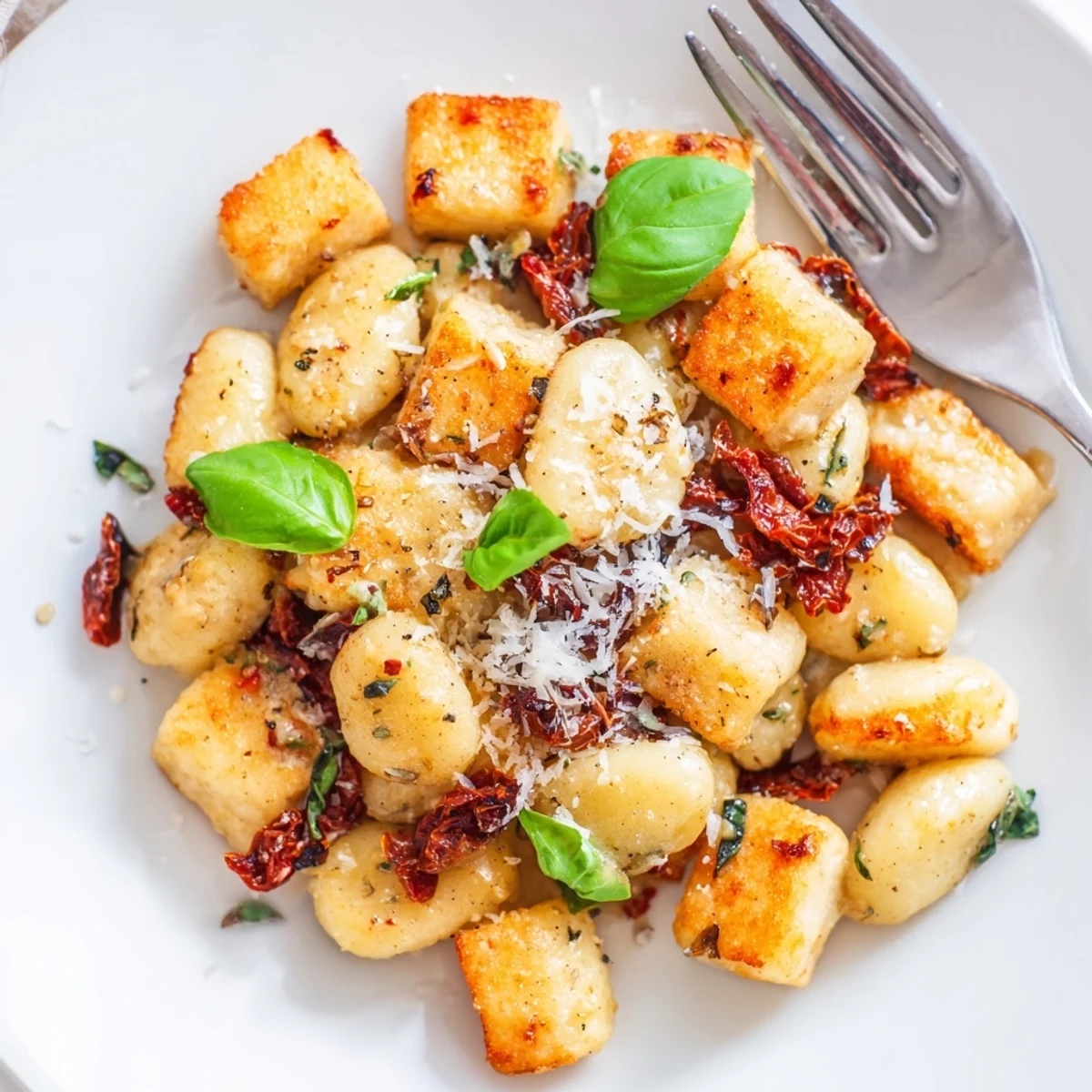 Restaurant-style Marry Me crispy tofu with gnocchi plated in a savory red tomato cream sauce
