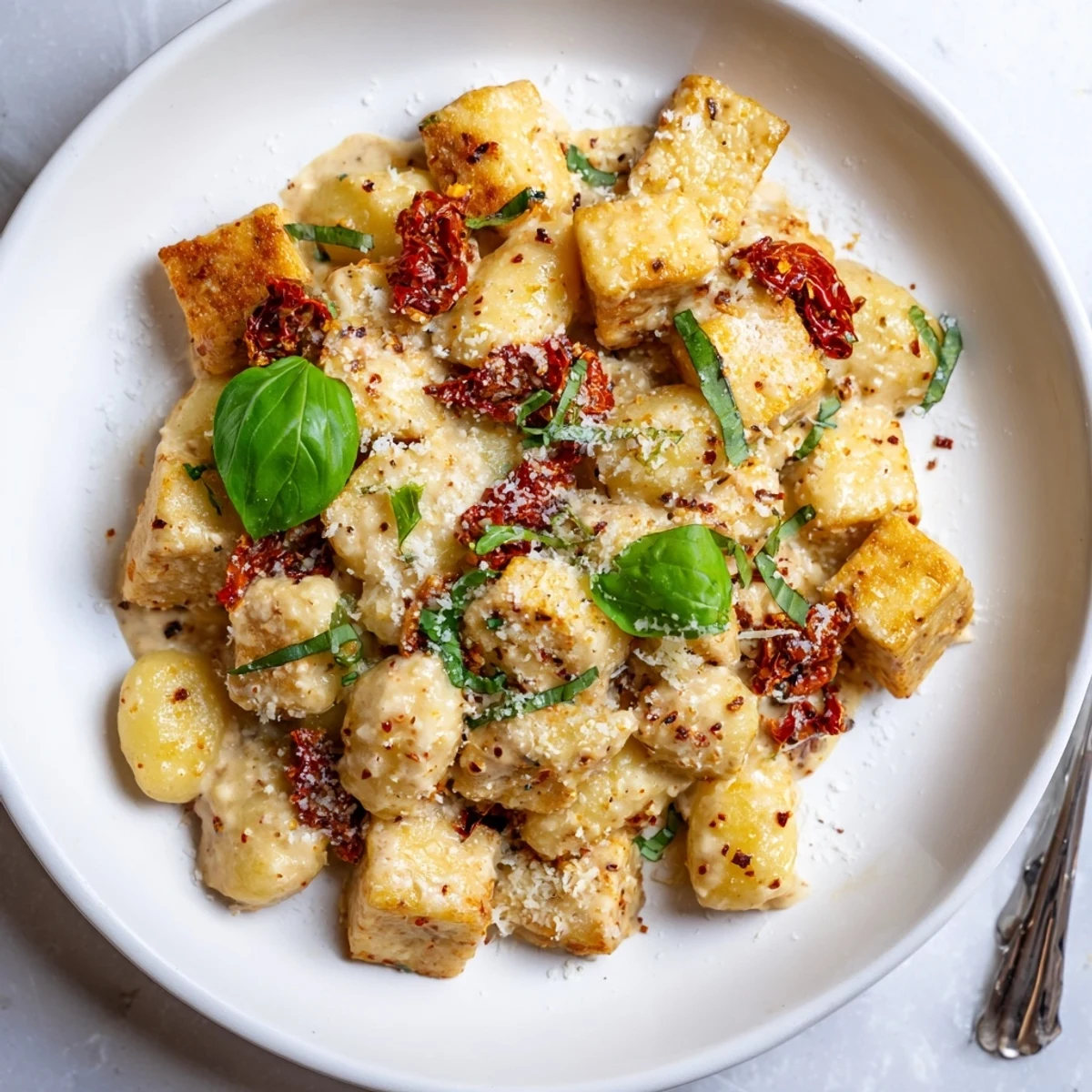 Vibrant vegetarian bowl featuring crunchy tofu and soft gnocchi coated in thick sundried tomato cream