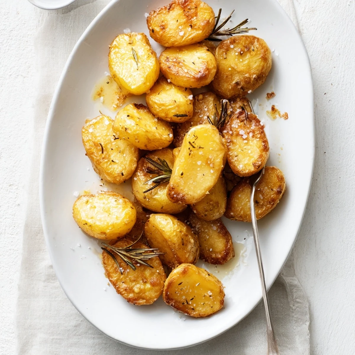 Perfectly cooked homemade roast potatoes displaying golden crispy crusts nestled in a cast iron skillet with garlic cloves
