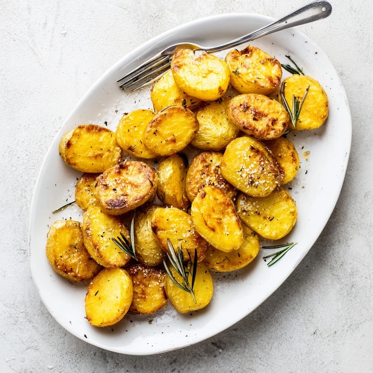 Steaming hot homemade roast potatoes scattered with fresh rosemary sprigs and sea salt flakes on a rustic wooden board