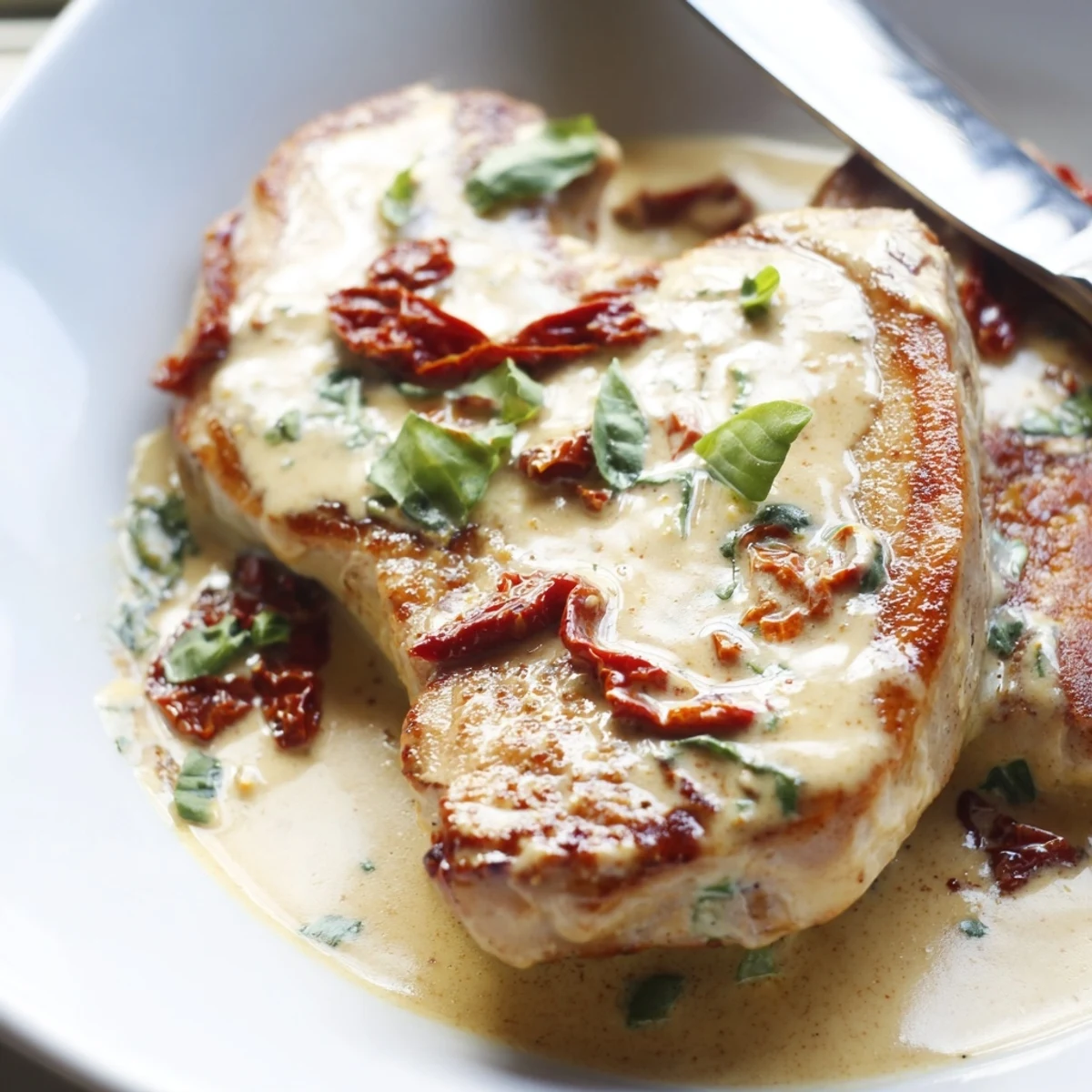Tender boneless pork chops simmered in rich white sauce with sun-dried tomatoes and Italian herbs