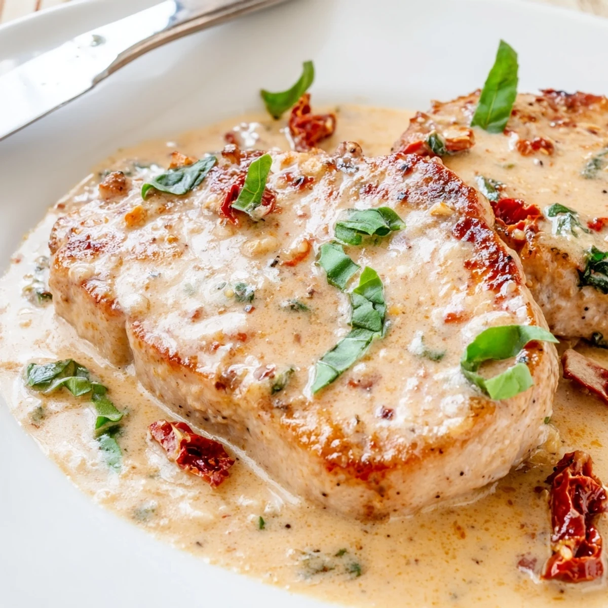 Golden brown Marry Me pork chops resting in creamy sun-dried tomato parmesan sauce garnished with fresh basil