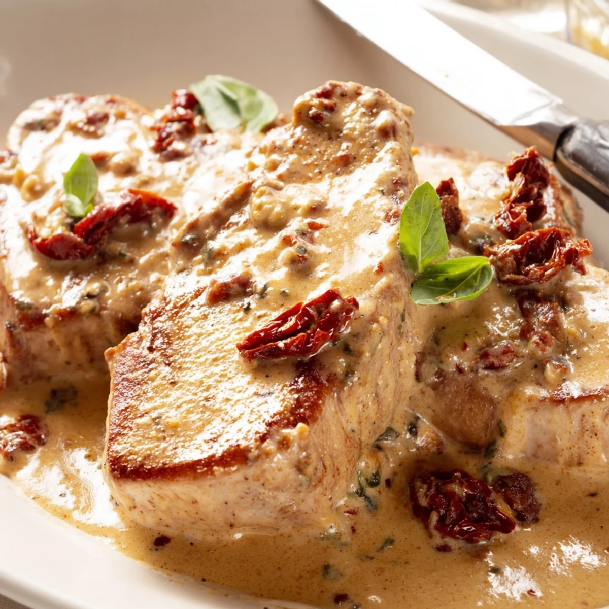 Succulent Marry Me pork chops plated with thick creamy parmesan sauce topped with chopped fresh basil