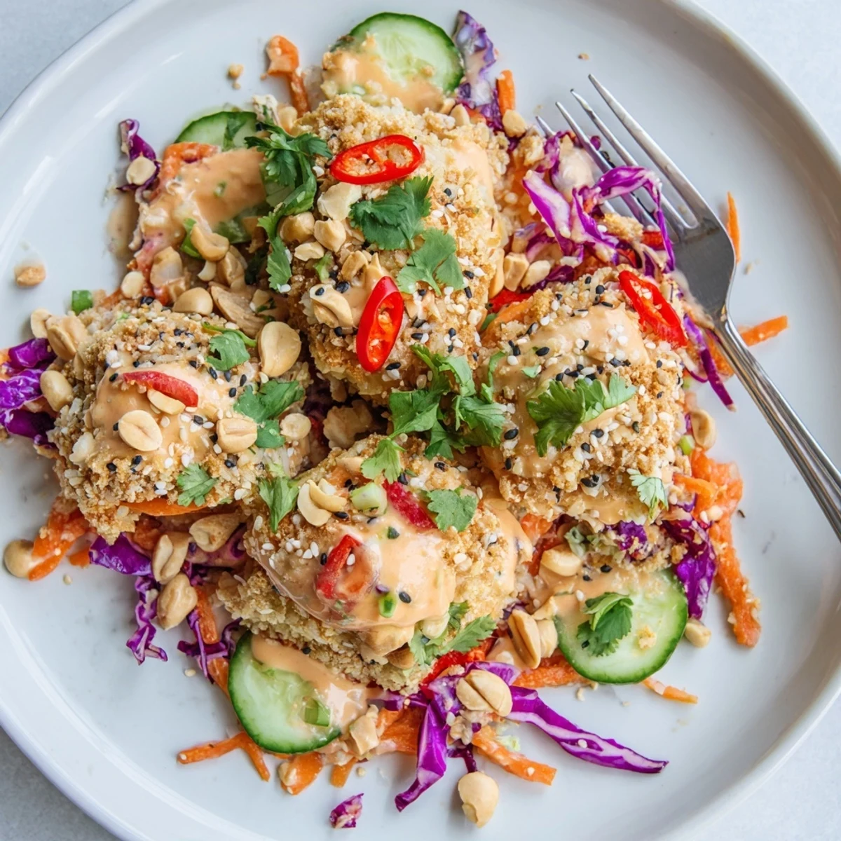 Golden fried rice salad tossed in creamy peanut sesame dressing with vibrant purple cabbage and carrots