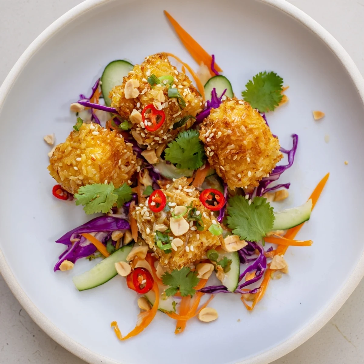 Asian-inspired crispy rice salad bowl topped with roasted peanuts and drizzled with savory peanut dressing