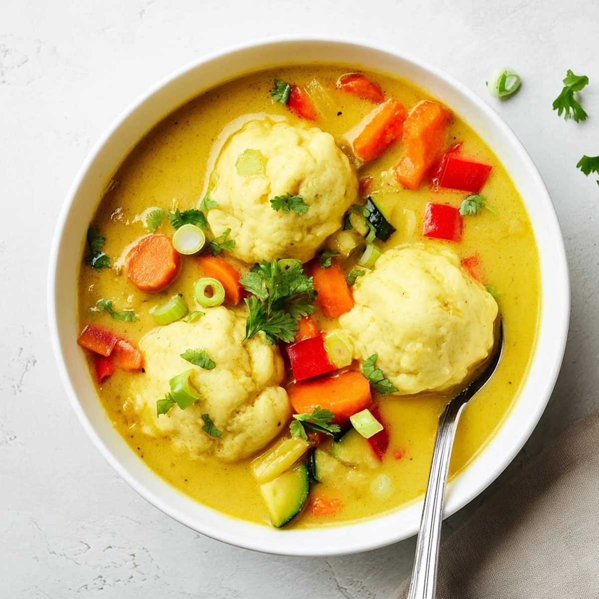 Creamy coconut curry soup with fluffy homemade dumplings floating in golden spiced broth