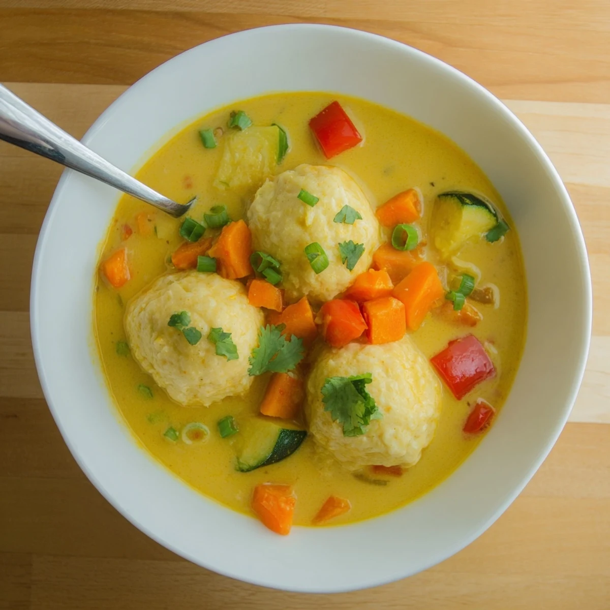 Steaming bowl of Simple Coconut Curry Soup With Dumplings topped with fresh cilantro and lime