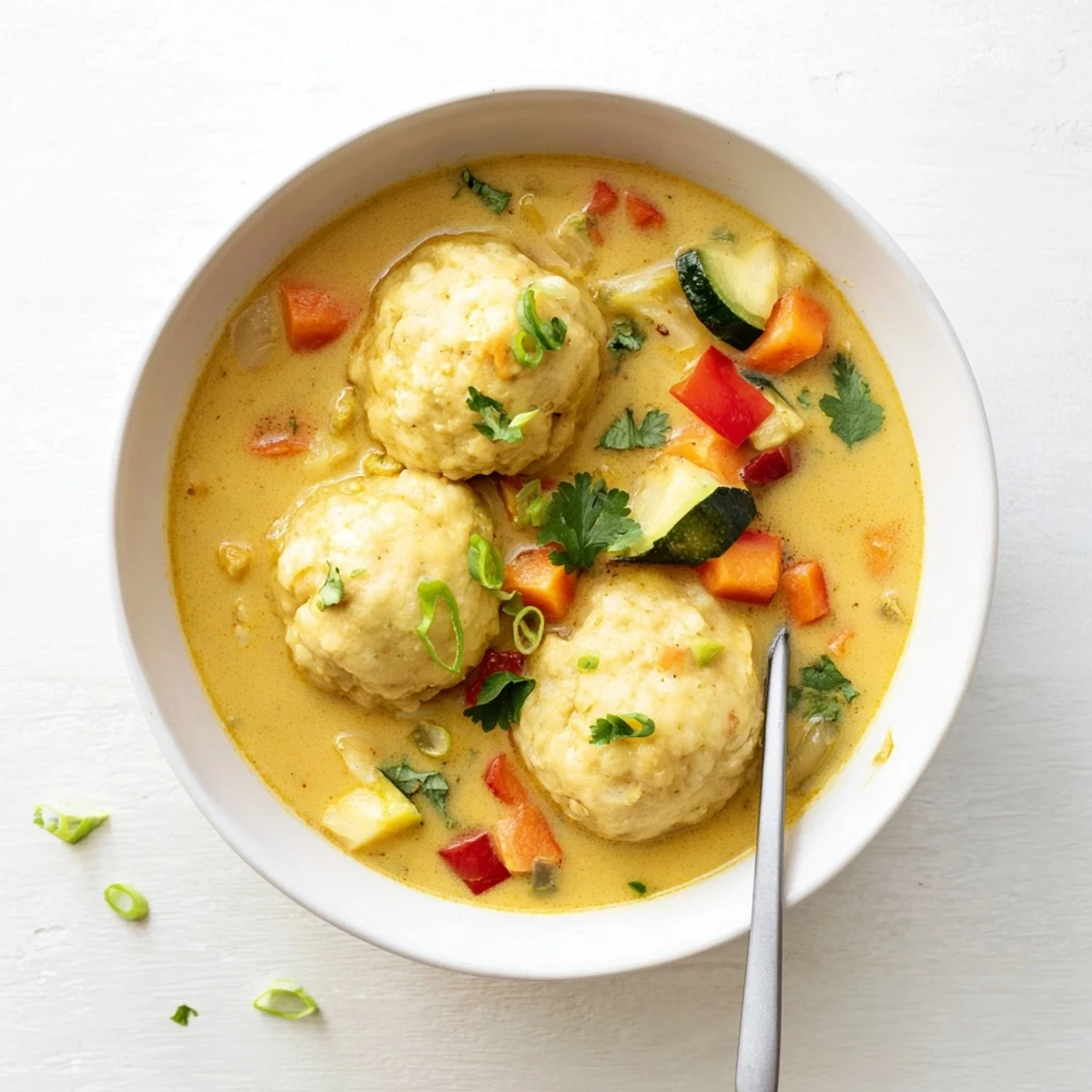 Tender dumplings simmering in aromatic coconut curry soup with colorful vegetables and fragrant spices