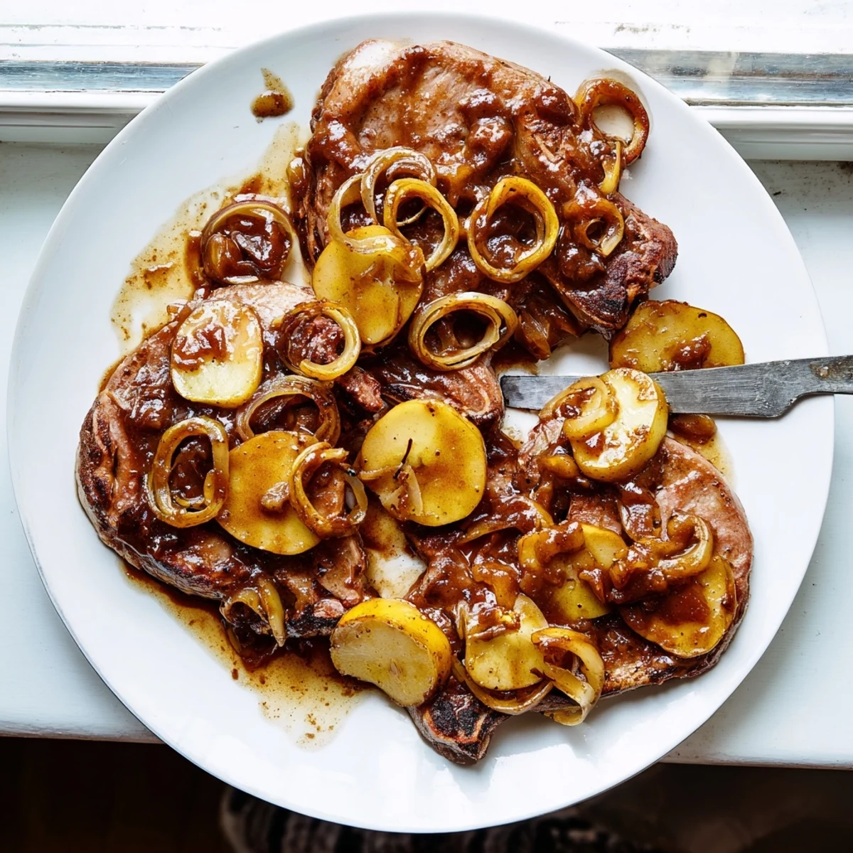 Golden brown pork chops simmering in sweet apple butter sauce with tender sliced onions and spiced apples