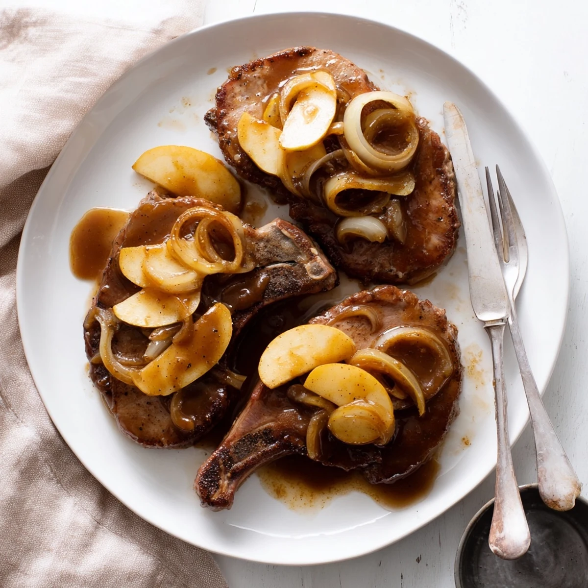Tender apple butter pork chops plated with caramelized apples and savory sauce for a comforting family dinner