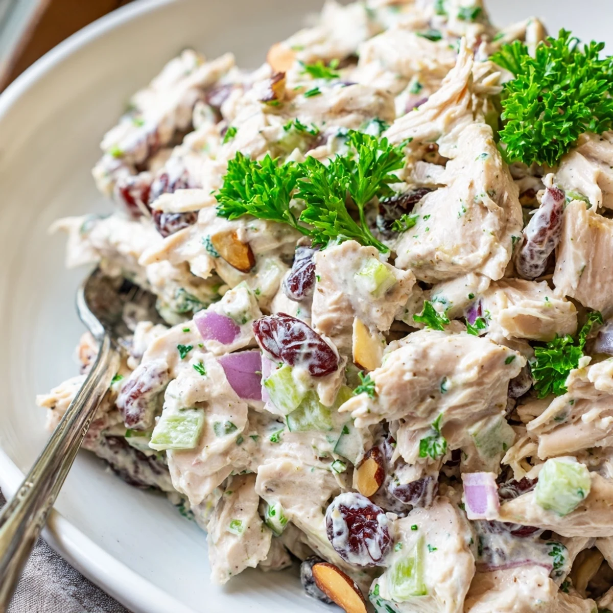 Creamy Greek yogurt rotisserie chicken salad with crisp red bell pepper and fresh parsley