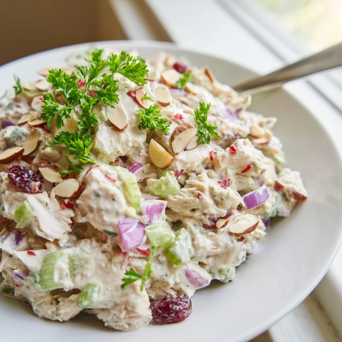 Healthy Greek yogurt rotisserie chicken salad served on bed of greens with crunchy almonds